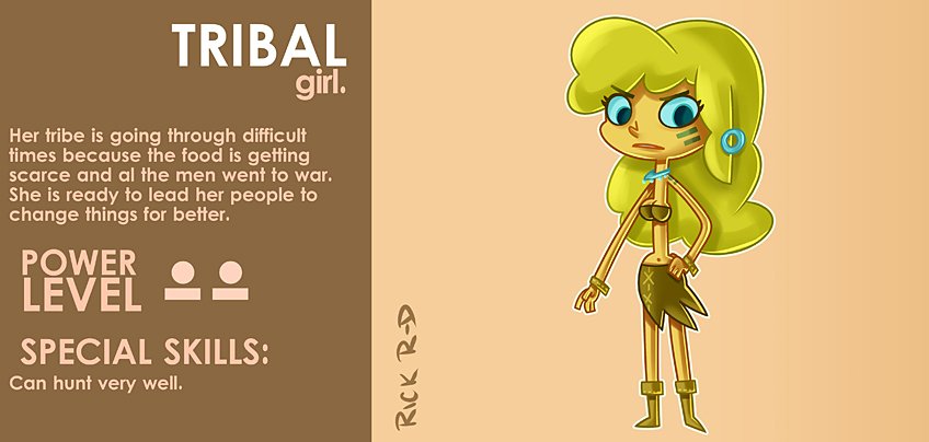 365 Characters Cartoon Tribal Girl Warrior who is going to become the leader for her Tribe someday by Rick Ruiz-Dana character design