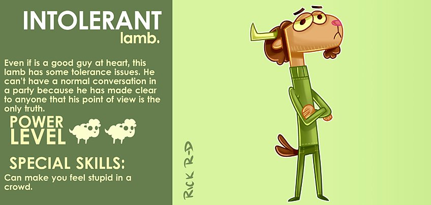 365 Characters Cartoon Know-it-All Intolerant Lamb looking for people to talk in a Party by Rick Ruiz-Dana character design