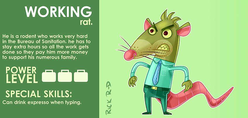 365 Characters Cartoon Rat Office Worker who needs the extra hours so he can Support his numerous rodent Family by Rick Ruiz-Dana character design