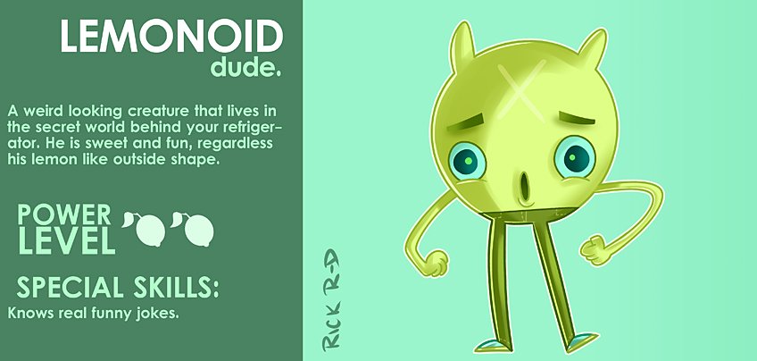 365 Characters Cartoon Lemon Shaped Guy Creature who is cheerful and funny and has pants by Rick Ruiz-Dana character design