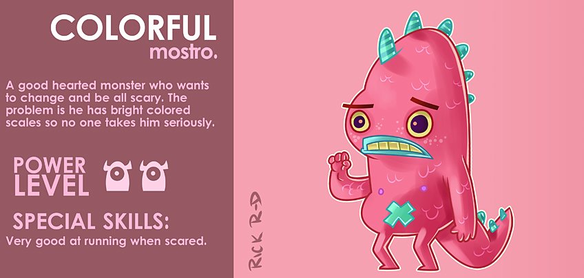365 Characters Cartoon Colorful Monster who wants to be all Scary and Mean but is adorable and cute instead by Rick Ruiz-Dana character design
