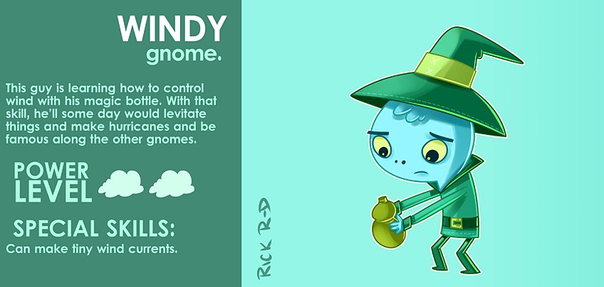 365 Characters Cartoon Magical Gnome who controls the Wind with his Magic Bottle in a magical forest by Rick Ruiz-Dana character design