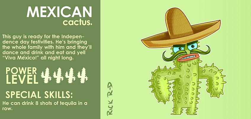365 Characters Cartoon Mexican Cactus with Mustache and a Hat, ready for the Independence day festivities in Mexico by Rick Ruiz-Dana character design
