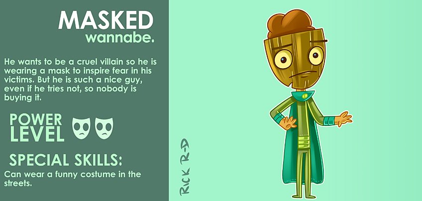 365 Characters Cartoon Masked Guy who wants to be a Villain and Inspire fear on his victims but is nice instead by Rick Ruiz-Dana character design