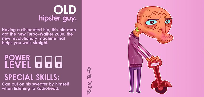 365 Characters Cartoon Hipster Old Guy with Hip problems who walks with a helper device but still think he is so cool by Rick Ruiz-Dana character design