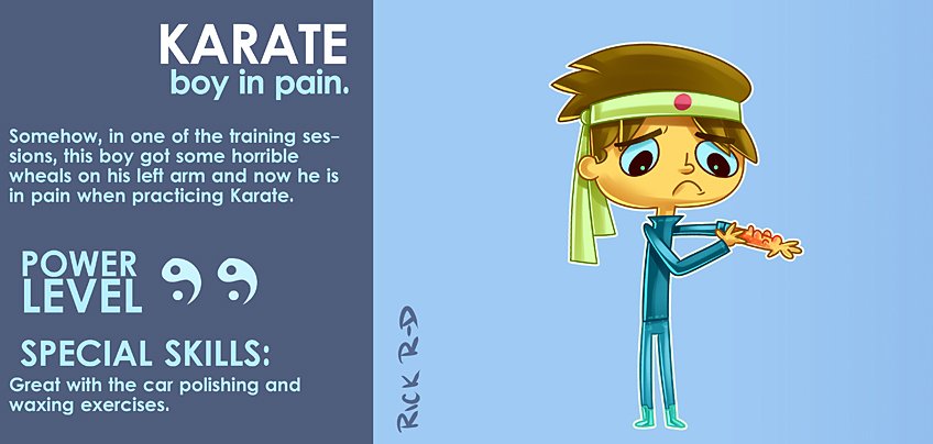 365 Characters Cartoon Karate Kid boy with Painful Wheals on his left Arm because he's still learning how to fight and honing his martial arts skills by Rick Ruiz-Dana character design