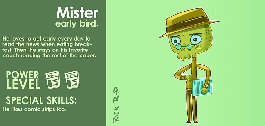365 Characters Cartoon Morning Person old man Guy who likes to get Early and read the Newspaper to start his day by Rick Ruiz-Dana character design