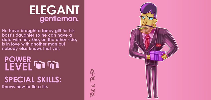 365 Characters Cartoon Elegant Mafia Gentleman in a Suit with a Gift for future Girlfriend by Rick Ruiz-Dana character design