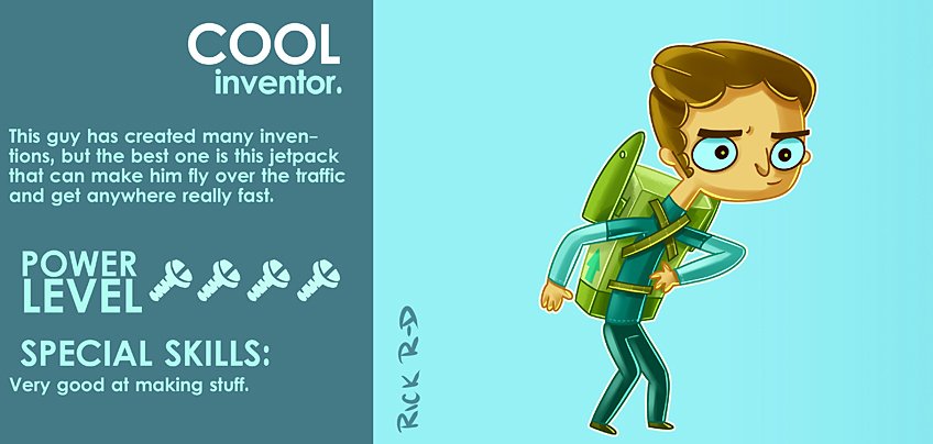 365 Characters Cartoon Cool Inventor Guy who has created a Handy hitech handmade DIY JetPack to Fly Away over the traffic in the city  by Rick Ruiz-Dana character design