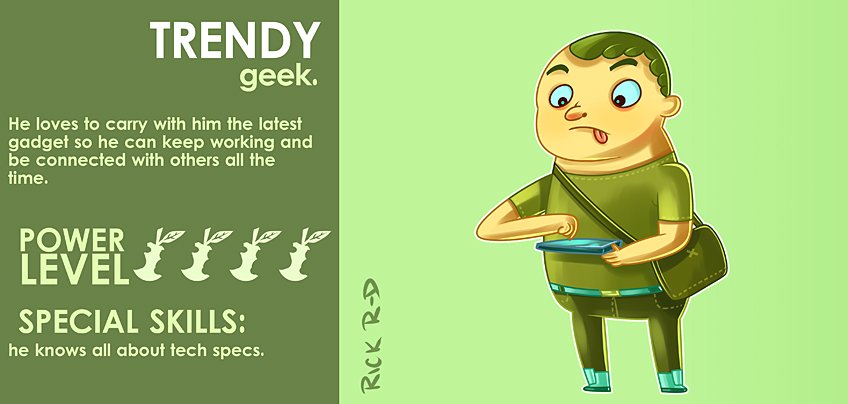 365 Characters Cartoon Trendy Geek Nerd hipster Guy who likes to have the Latest Tech cool Gadget like iphone smartphone and tablets by Rick Ruiz-Dana character design