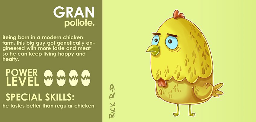 365 Characters Cartoon Big and Fat Genetically Engineered Chicken who is Happy in the farm by Rick Ruiz-Dana character design