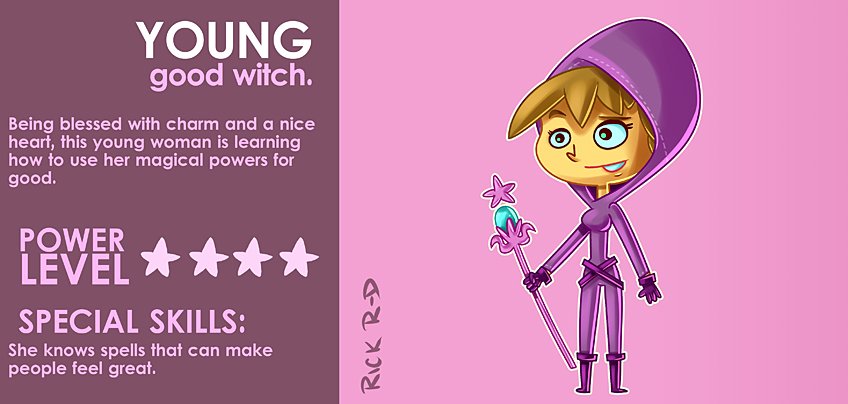 365 Characters Cartoon Cute Good Young Witch who uses her Magical Powers to Help others by Rick Ruiz-Dana character design