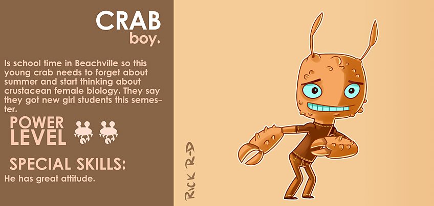 Cartoon Young Crab Teen who is getting back to School to check the new female students by Rick Ruiz-Dana Character Design