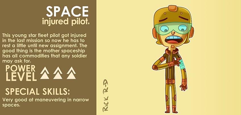 Cartoon Young Sci-Fi Starship Pilot who got injured in the last Mission by Rick Ruiz-Dana Character Design