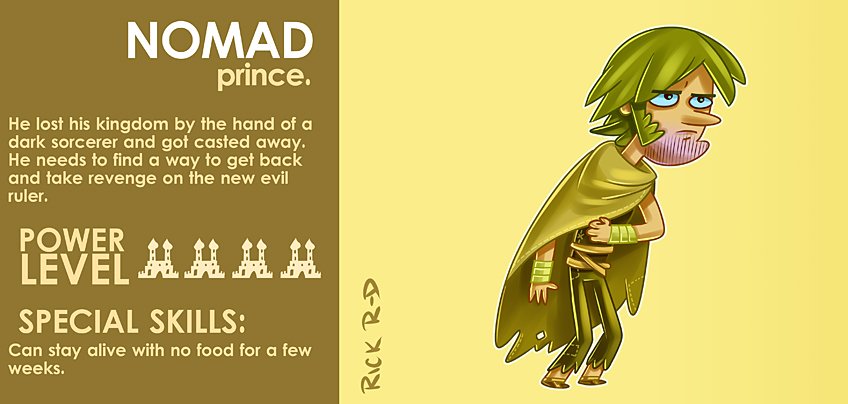 Cartoon Nomad Prince who lost his Kingom by hands of a evil Sorcerer by Rick Ruiz-Dana character design RPG fantasy