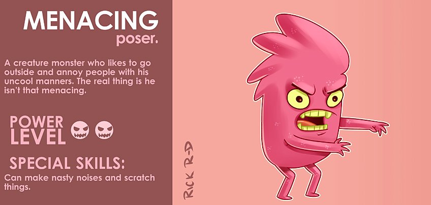 Cartoon Menacing Poser PInk Creature Monster who likes to annoy People by Rick Ruiz-Dana Character design