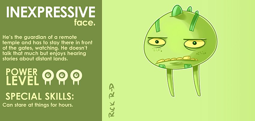 Cartoon Inexpressive Face Creature who Guards the Temple Gates from Intruders by Rick Ruiz-Dana character design