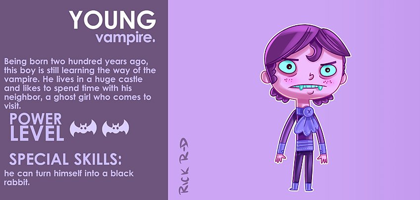 Cartoon Young Vampire who lives in a Fancy Mansion and is friend of a Ghost Girl by Rick Ruiz-Dana character design