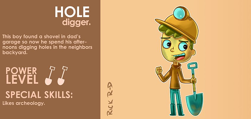 Cartoon Kid who likes to Dig Holes in Neighbors Backyward to find gold or precious metals by Rick Ruiz-Dana character design