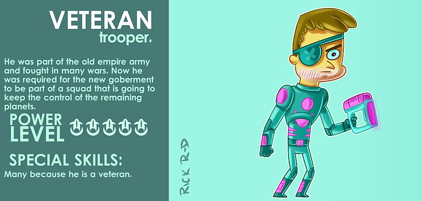 Cartoon War Sci-Fi Veteran who is part of a new Squadron in a intergalactic war by Rick Ruiz-Dana cartoon character design