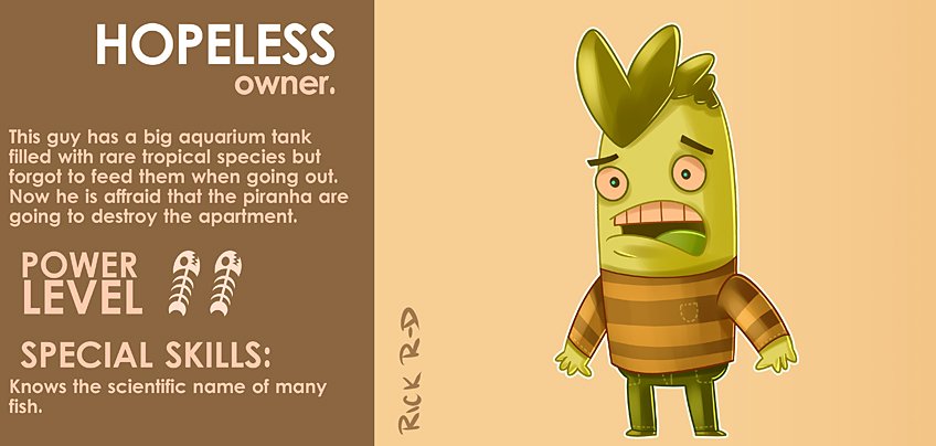 Cartoon Eatmeater Piranha Owner who Forgot to Feed them in many days by Rick Ruiz-Dana Cartoon character design