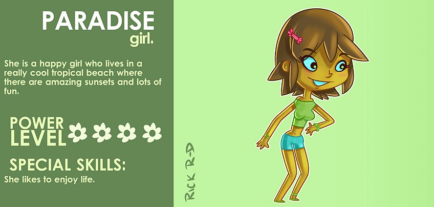 Cartoon Cute Young Girl who lies in a Paradise Beach with lots of Sun and Fun by Rick Ruiz-Dana Character design Cartoon Cute Young Girl who lies in a Paradise Beach with lots of Sun and Fun by Rick Ruiz-Dana Character design