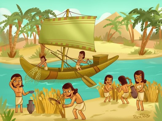 Ancient_Egypt_egyptians_working_cartoon_pyramids_Nile_River_editorial_children_ilustration_by_Rick_Ruiz-Dana