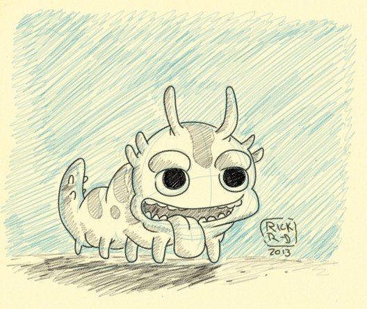 Sketch concept of cute larva worm alien mosnter with big eyes and tongue on blue pencil