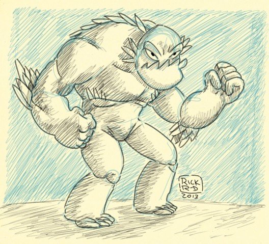 Sketch concept of huge big muscled alien monster on blue pencil