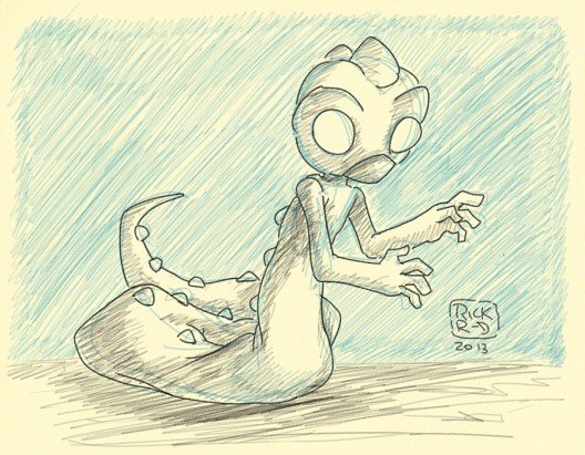 Sketch concept design of skinny snake like alien monster with big eyes on blue pencil
