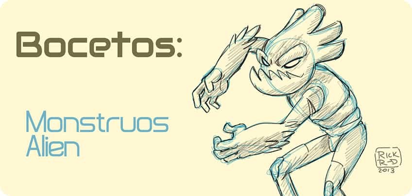 bocetos de diseños de concepto en lapiz azul de criaturas monstruo alien