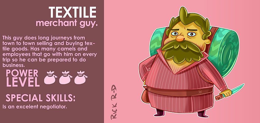 365 Characters Cartoon Textile Merchant who is a good Negotiator and can sell a lot in his product store by Rick Ruiz-Dana character design