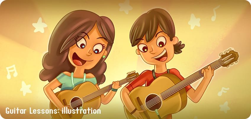 Kids_playing_Acoustic_Guitar_cartoon_ilustration_for_Guitar_Lessons_Ad_07-31-2012_by_Rick_Ruiz-Dana