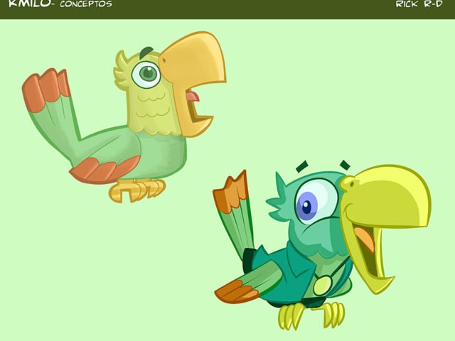 Kokonut studios Kmilo concept art character designs study of green cartoon parrot for videogame app android ios videojuego diseño personajes perico verde by Rick Ruiz-Dana